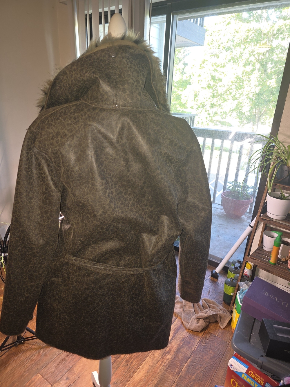 Women’s Olive Hooded Trench Coat with Faux-Fur Trim